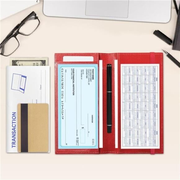 Leather Checkbook Cover for Top (RED with Strap) - Picture 6 of 6